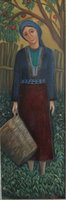 Girl from Pontos in her yard, oil on carton, 35x80 cn